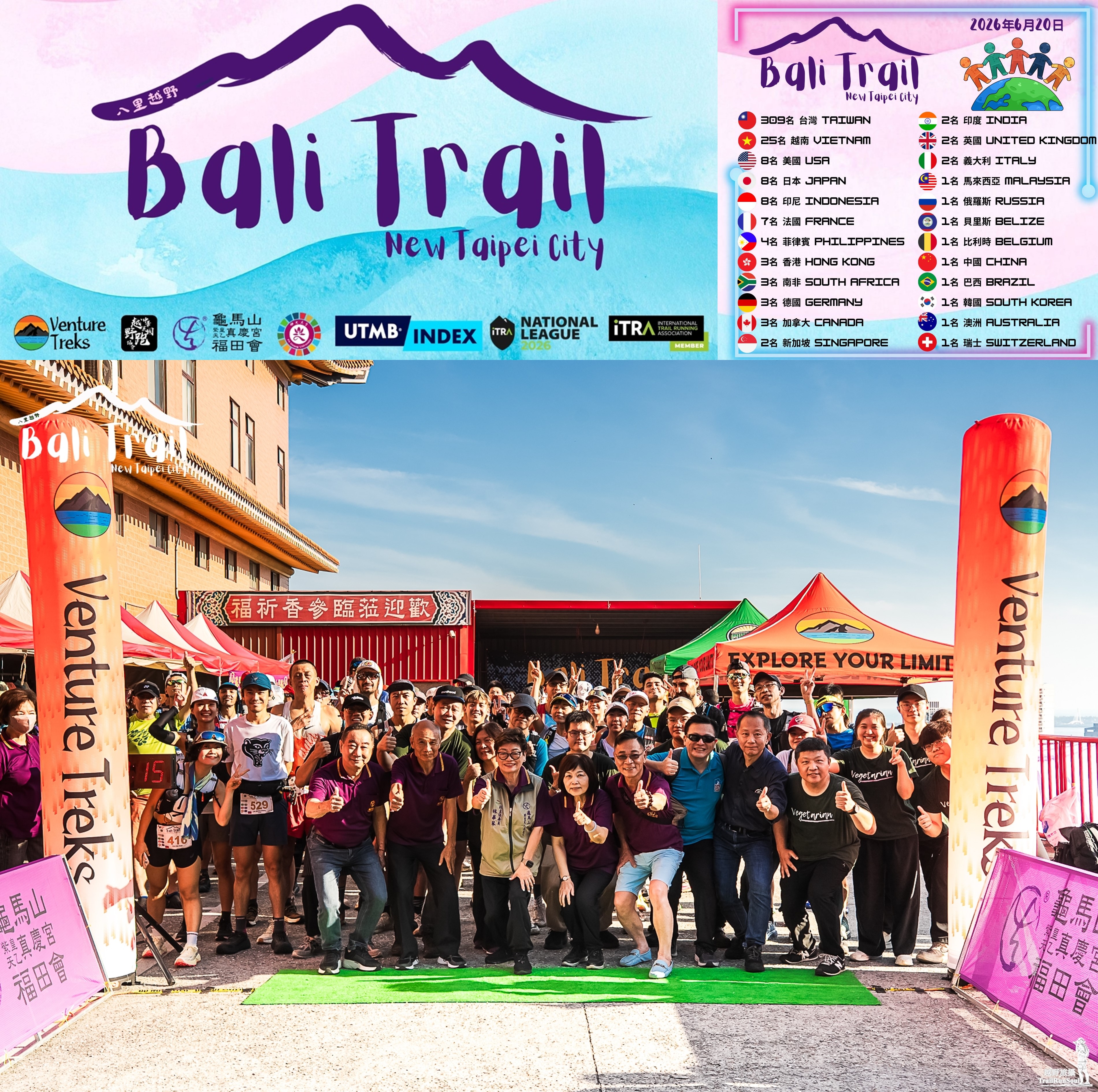 圖1 Venture Treks 主辦之 「2026 Bali Trail 八里越野」,主辦與合辦單位及24k選手,在起跑前的大合照 圖1 Venture Treks 主辦之 「2026 Bali Trail 八里越野」,主辦與合辦單位及24k選手,在起跑前的大合照